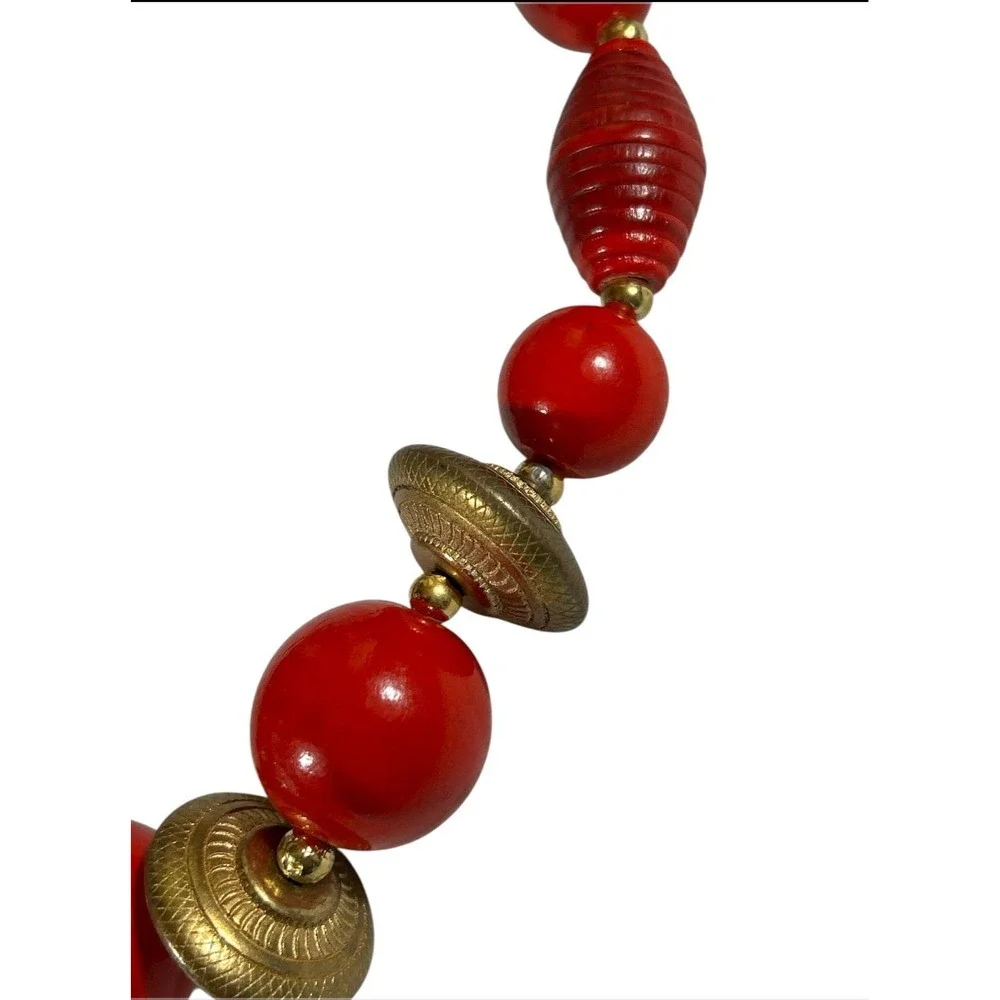 Vintage Red Bead Necklace Chunky Brass Spacers Boho Ethnic Statement Choker 16